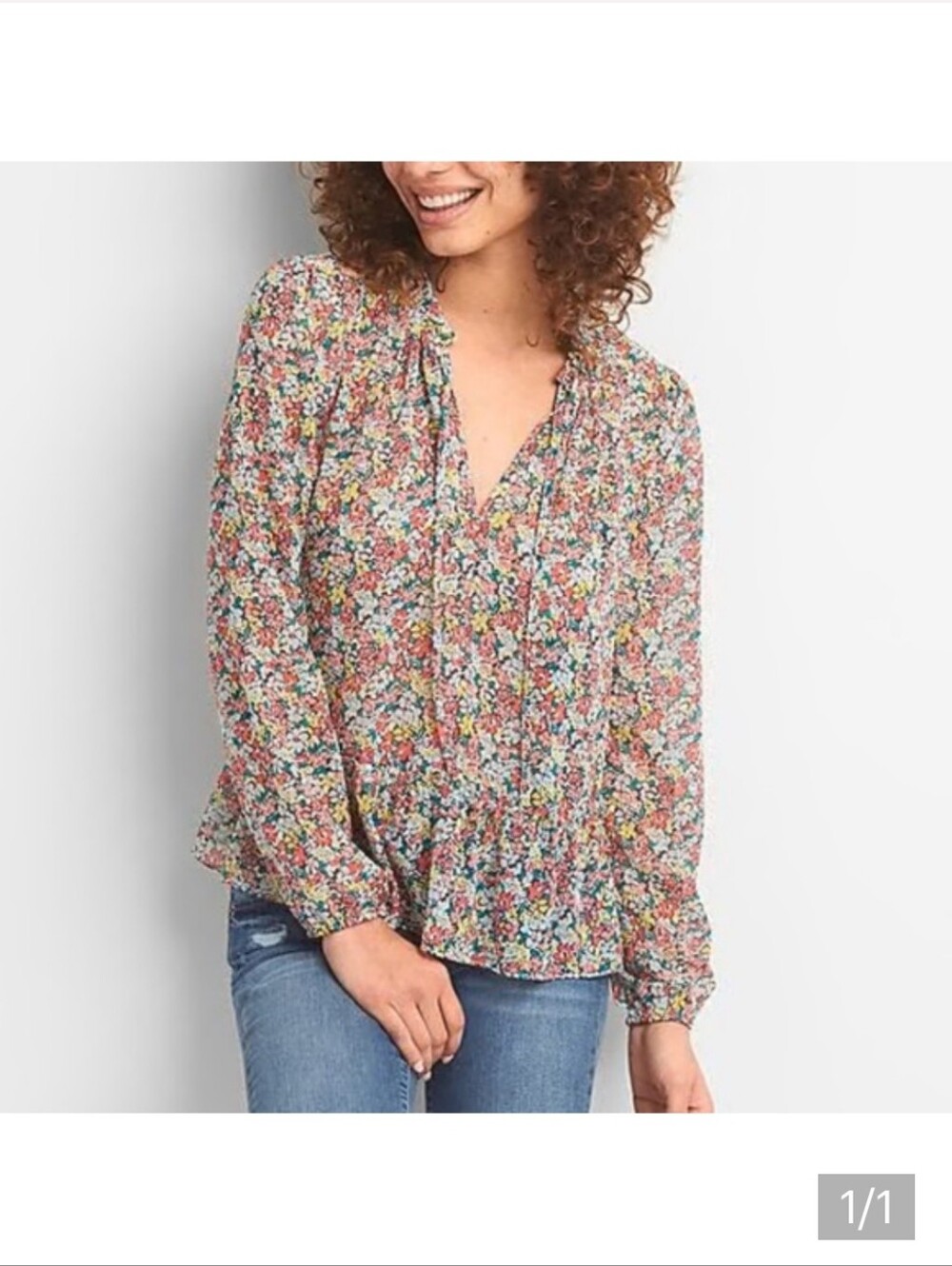 GAP Multi-Color Floral Tie-Neck Peasant Blouse-small